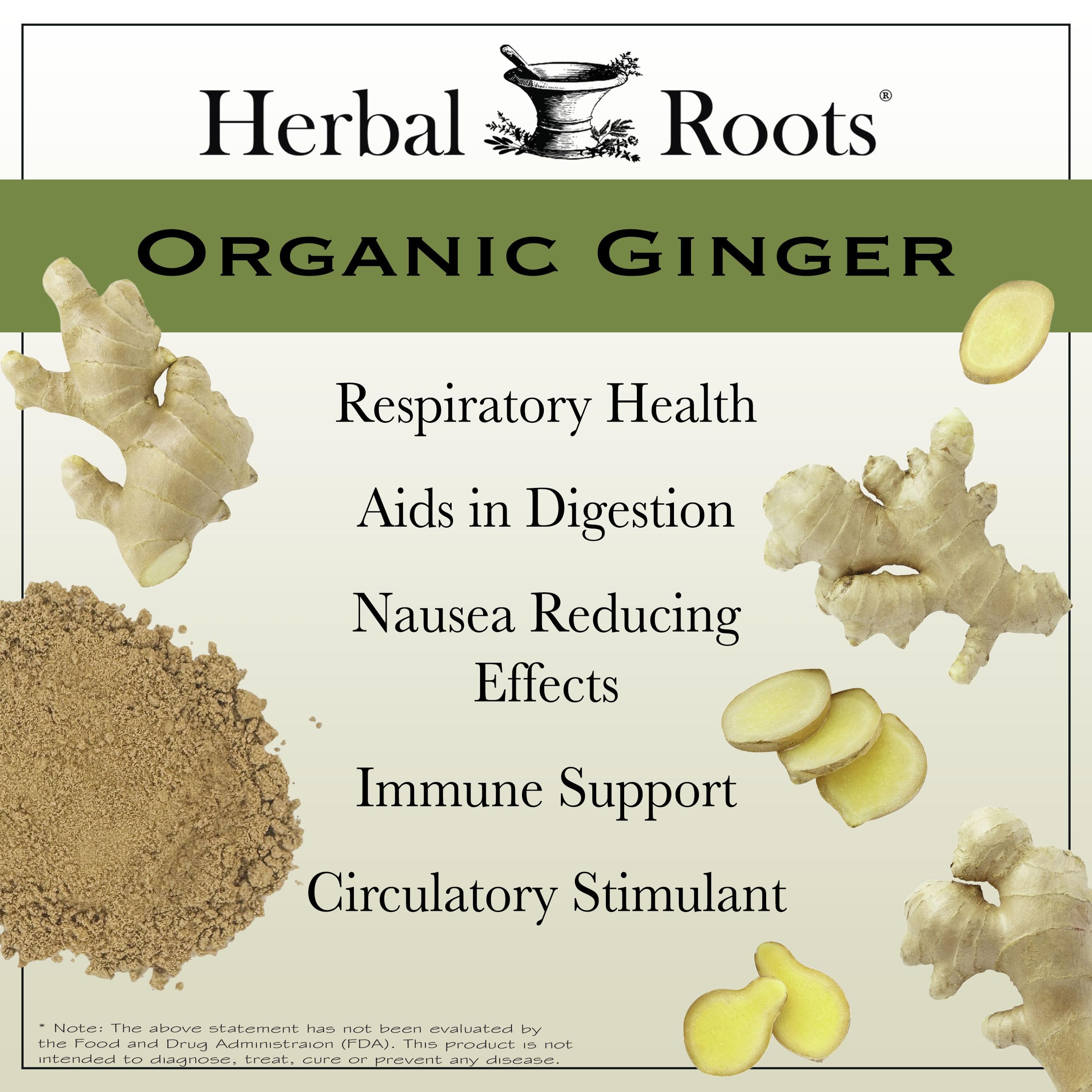 Organic ginger root pack from Herbal Roots emphasizing USDA Organic quality.