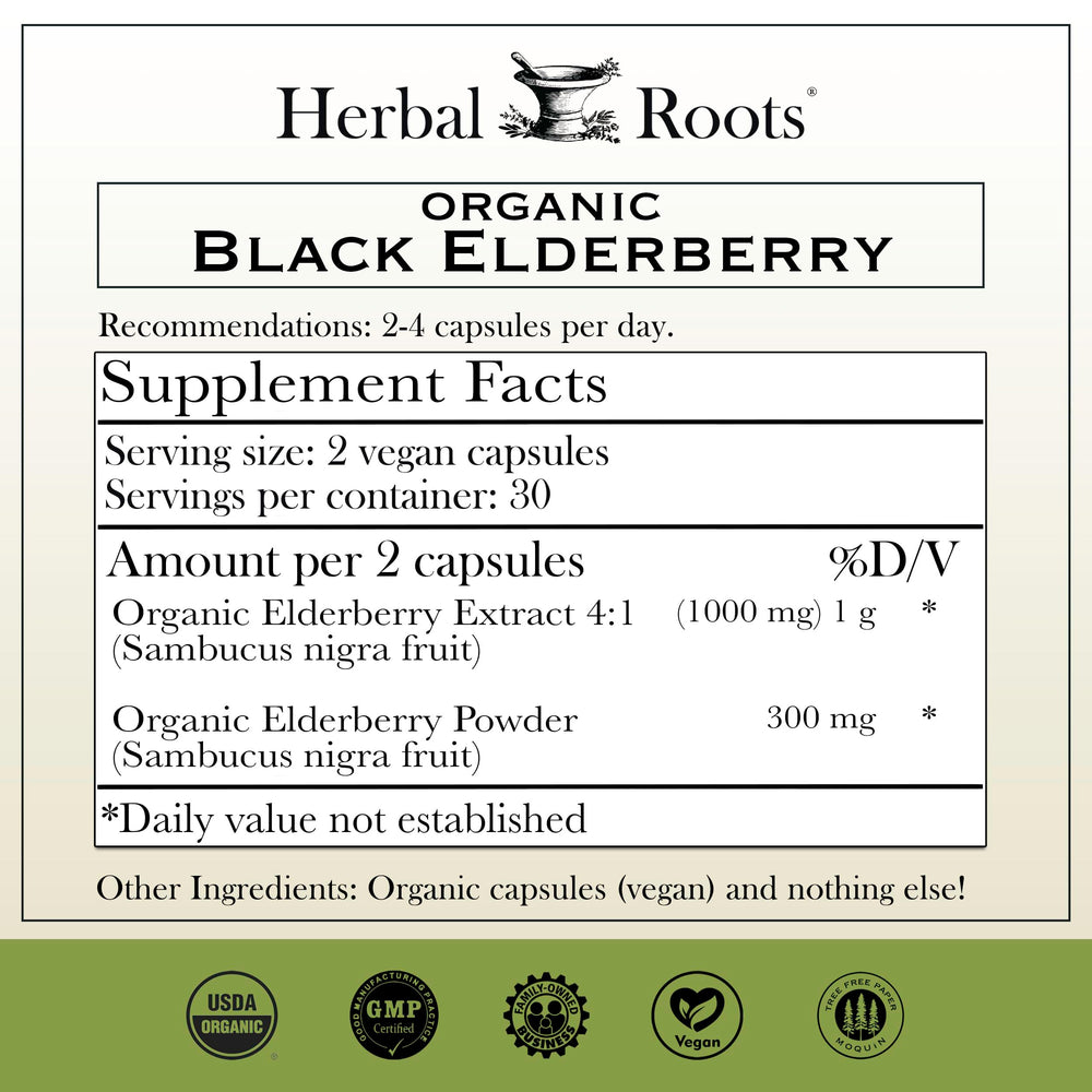 Herbal Roots Organic Sambucus capsules closeup showing organic ingredients and color