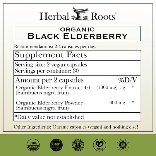 Herbal Roots Organic Sambucus capsules closeup showing organic ingredients and color