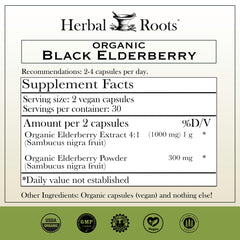 Herbal Roots Organic Sambucus capsules closeup showing organic ingredients and color