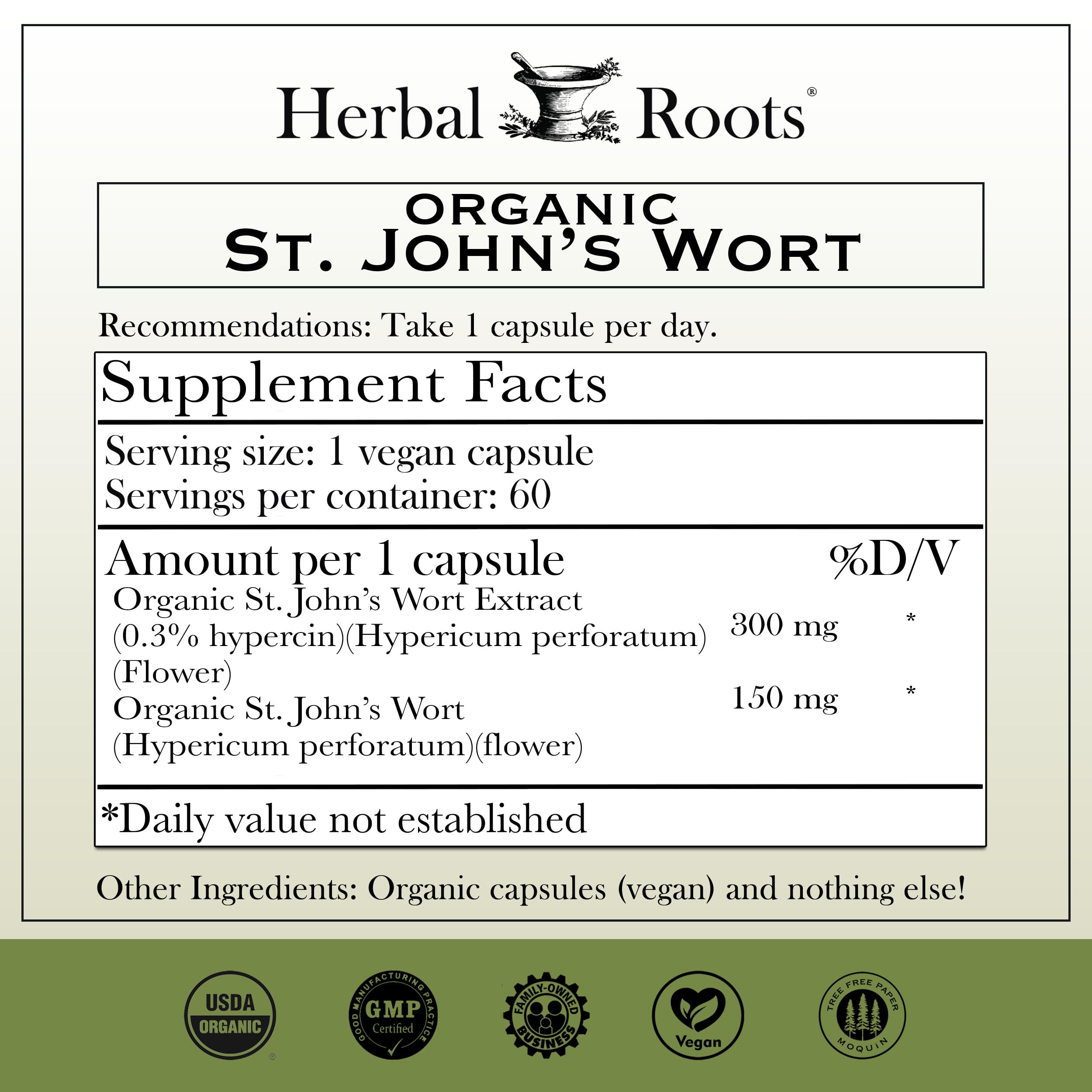 Herbal Roots organic St John's Wort flowers highlight the pure botanical ingredient
