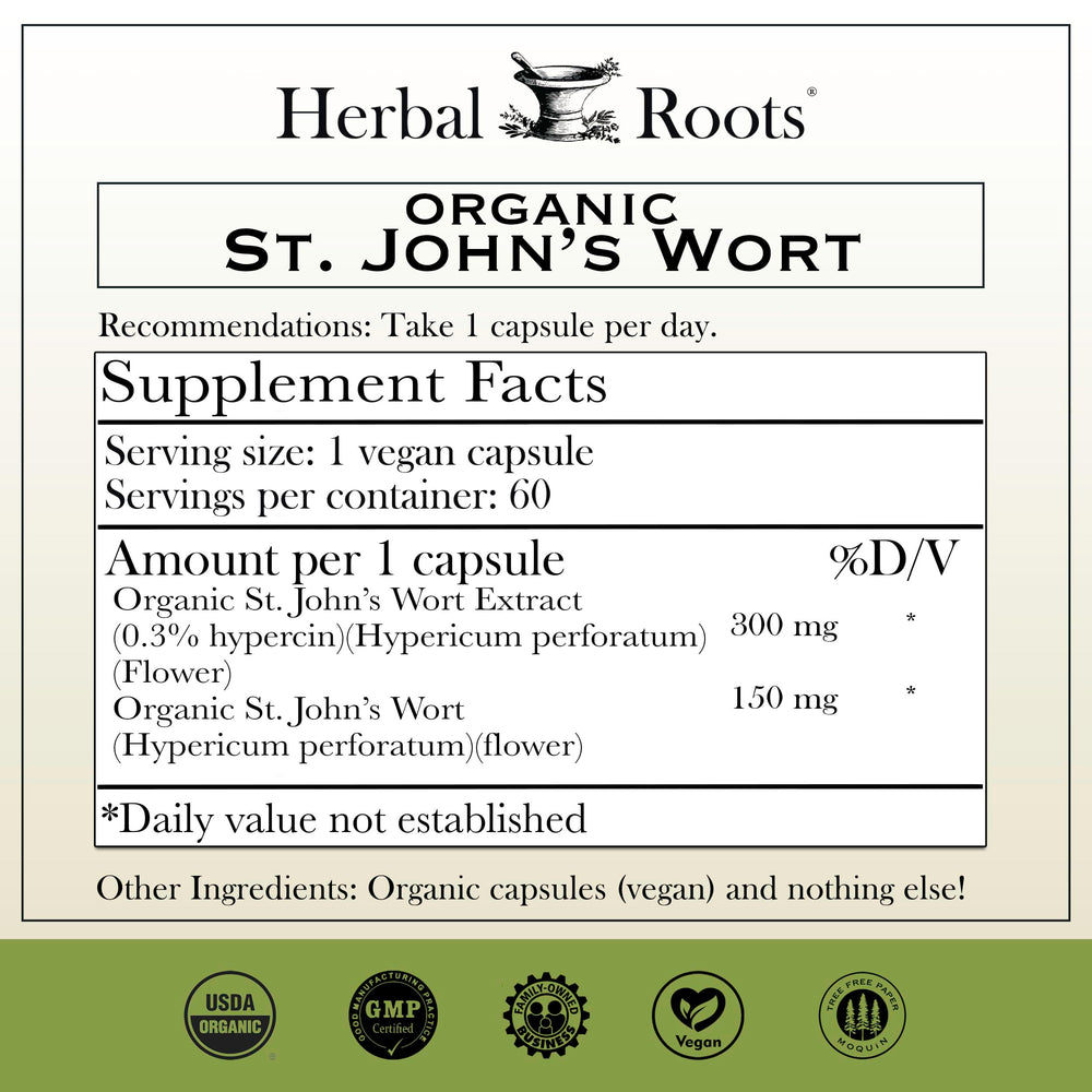 Herbal Roots organic St John's Wort flowers highlight the pure botanical ingredient
