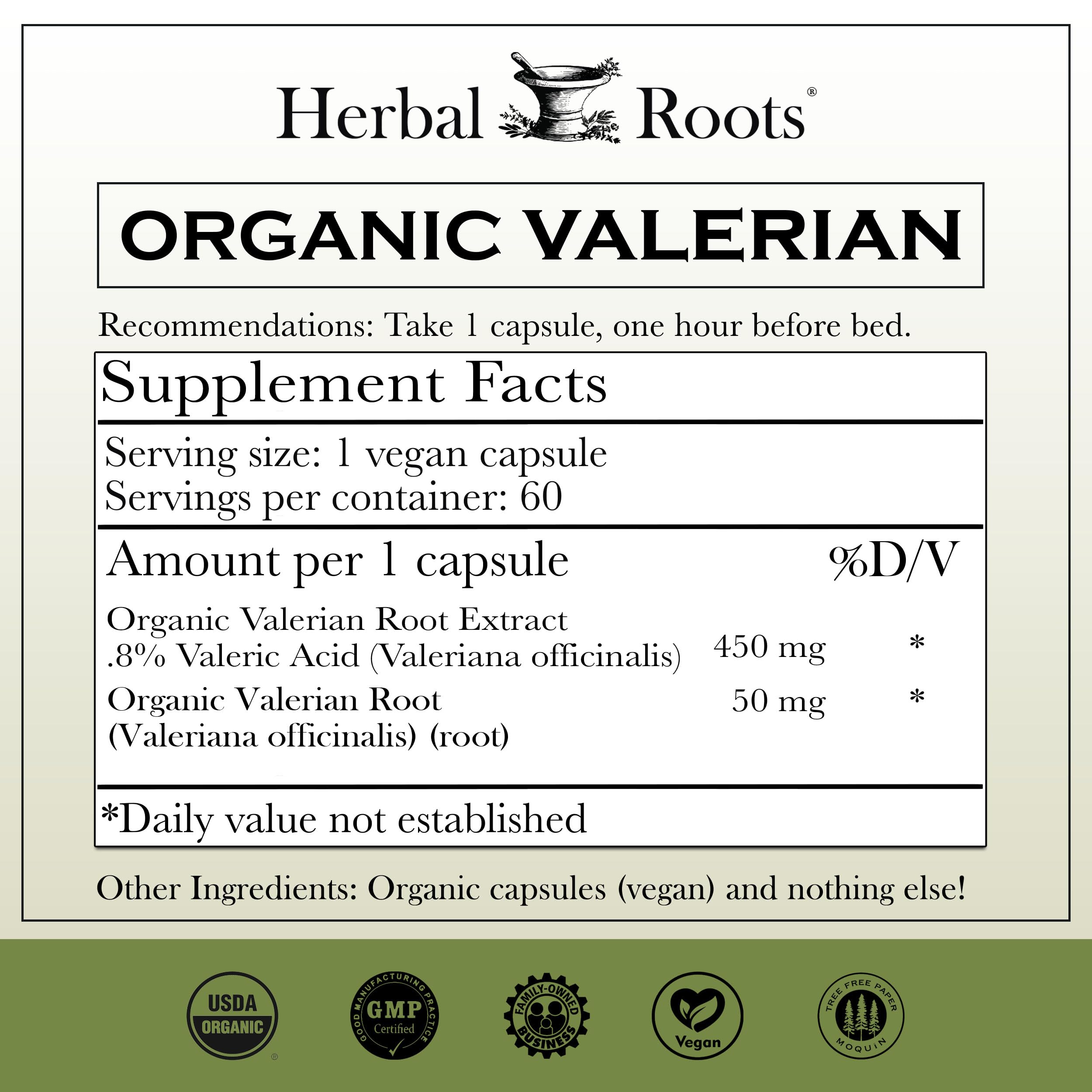 Herbal Roots organic valerian capsules label highlights vegan, organic formula.