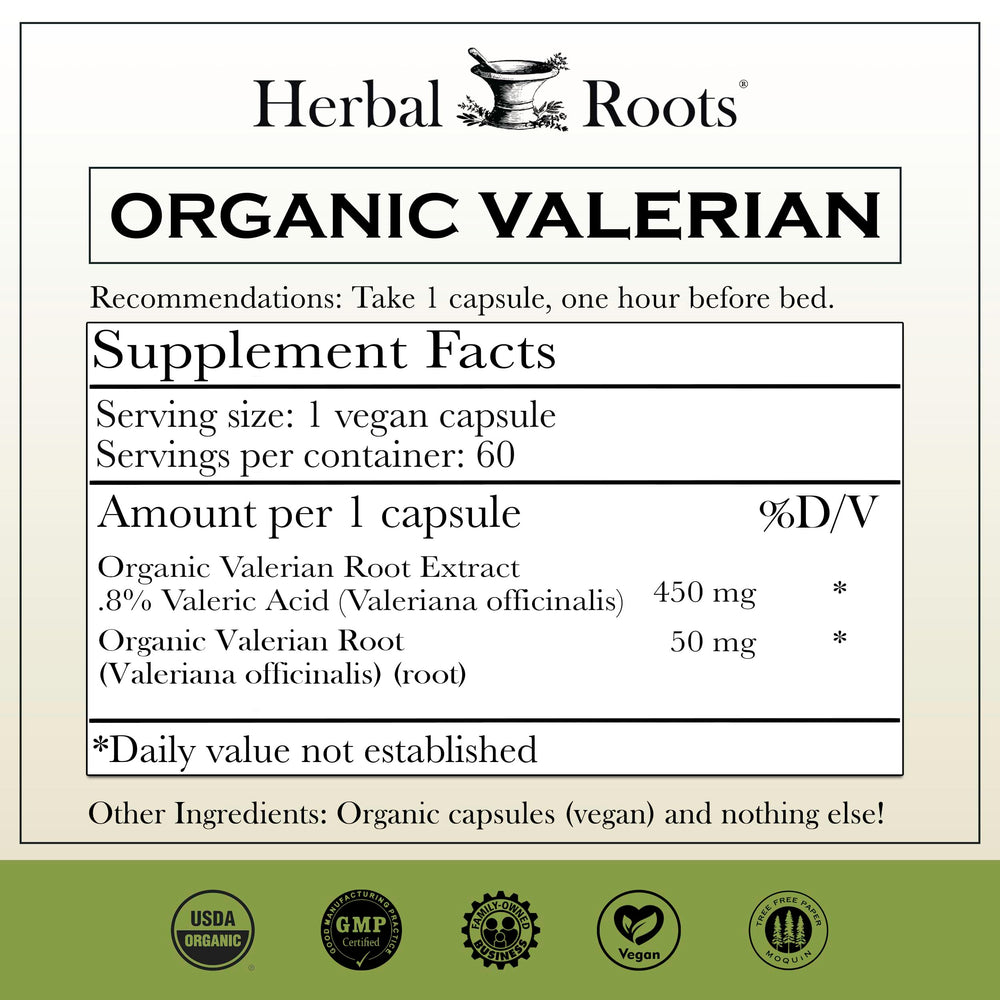 Herbal Roots organic valerian capsules label highlights vegan, organic formula.