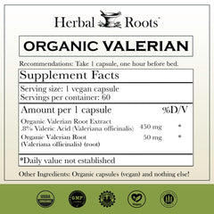 Herbal Roots organic valerian capsules label highlights vegan, organic formula.