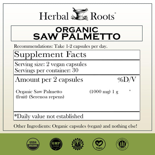 Herbal Roots Saw Palmetto capsules label close-up highlighting organic ingredients.