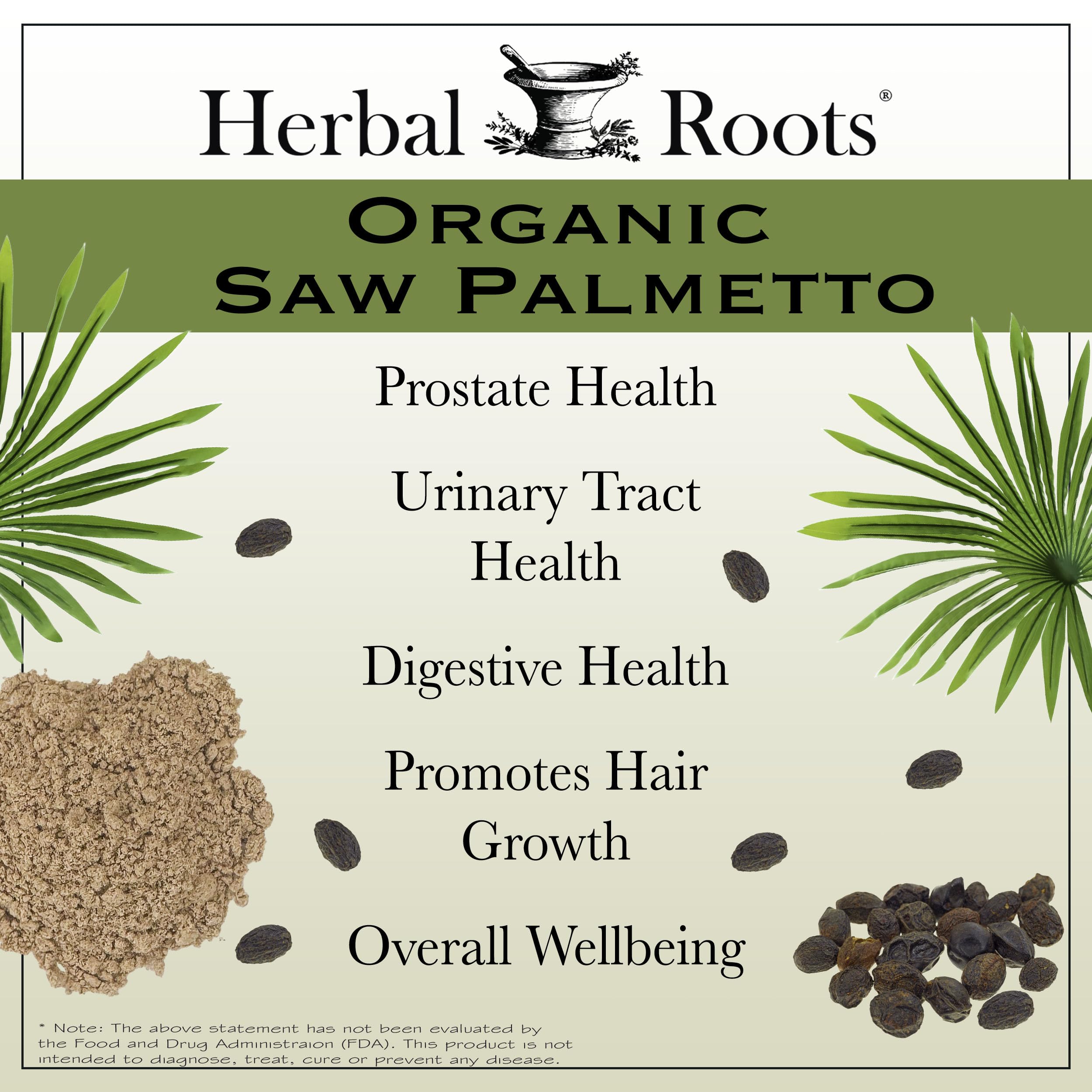 Herbal Roots Saw Palmetto capsules out of bottle ready for daily consumption.