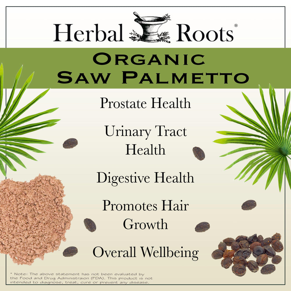 Herbal Roots Saw Palmetto capsules out of bottle ready for daily consumption.