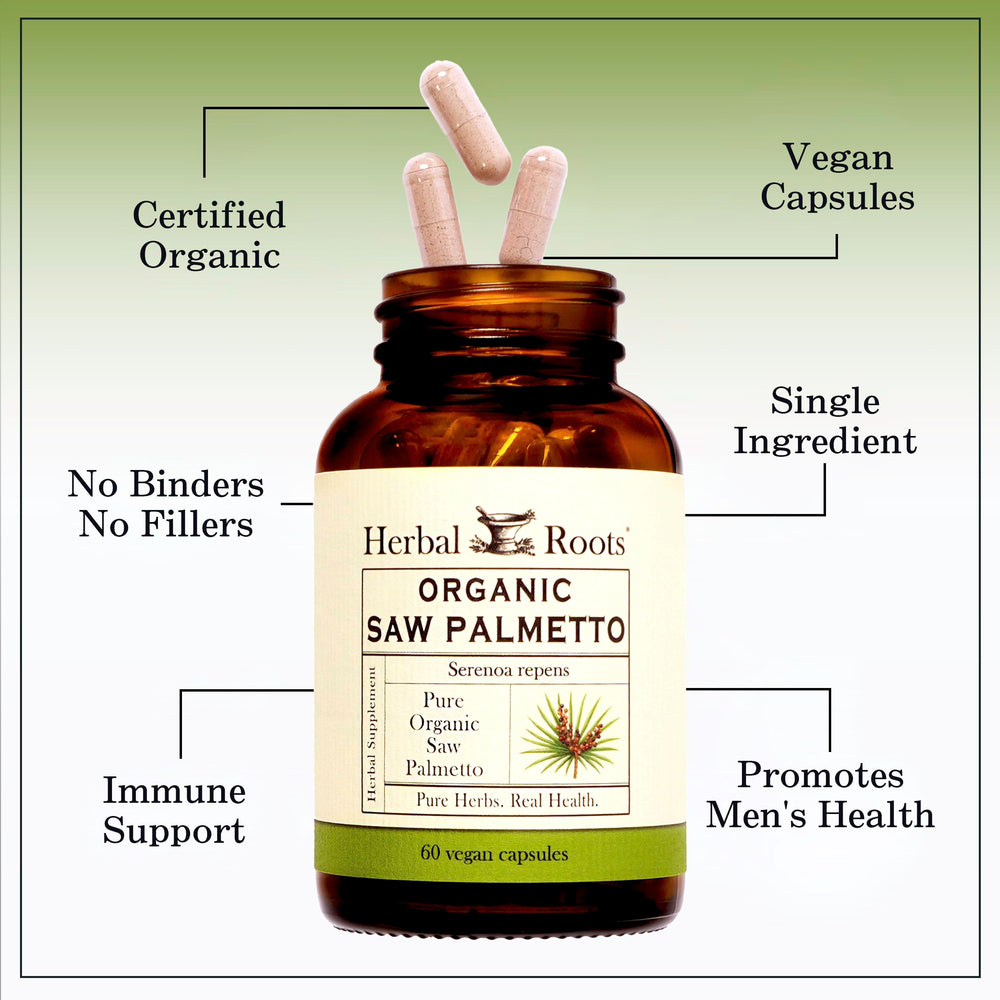Herbal Roots Saw Palmetto fruit origin, emphasizing natural sourcing.