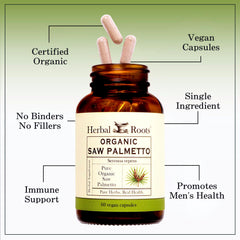 Herbal Roots Saw Palmetto fruit origin, emphasizing natural sourcing.