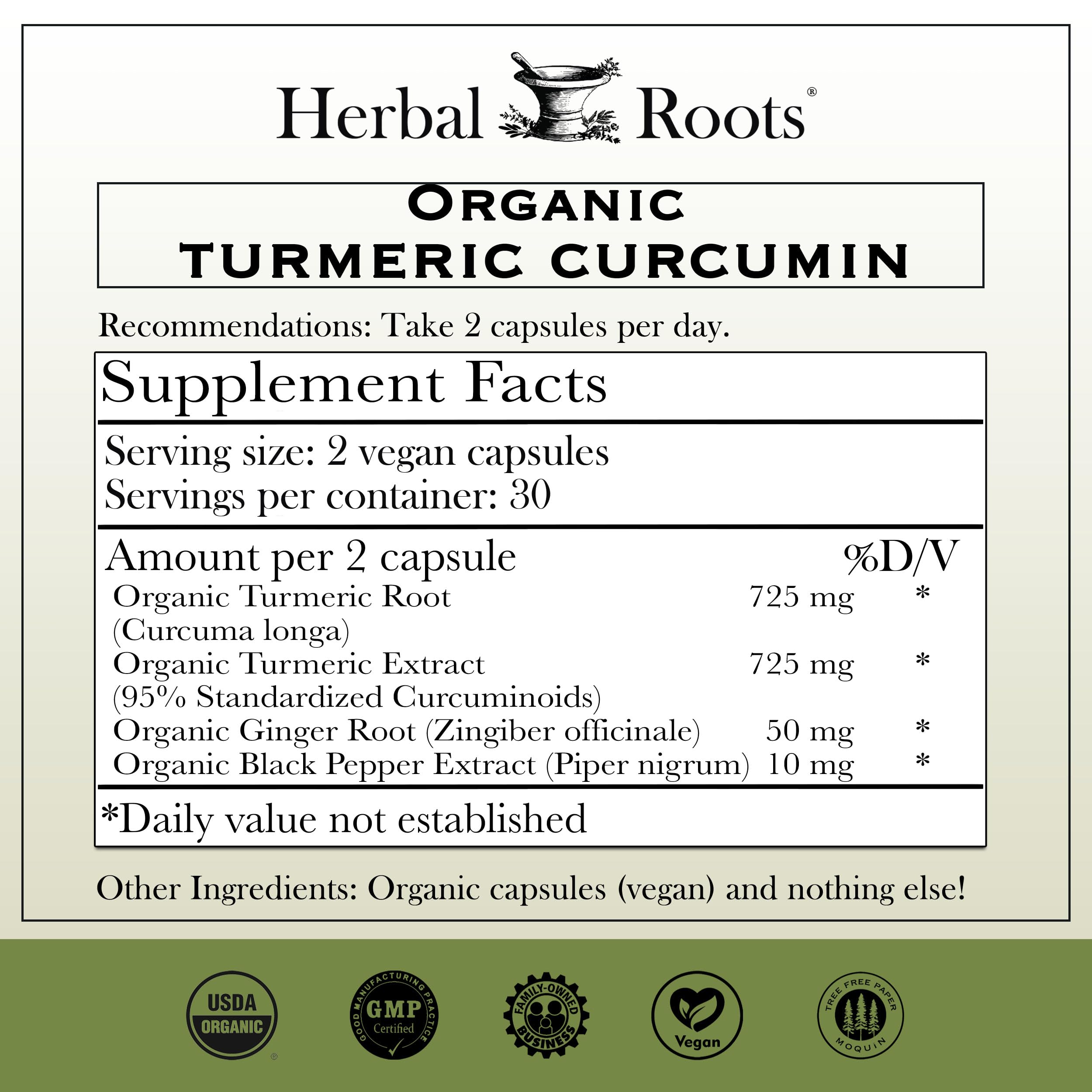 Herbal Roots 1000mg turmeric capsules close-up