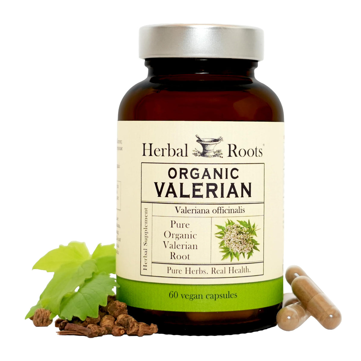 Herbal Roots valerian capsules bottle for calm and potential restful nights.