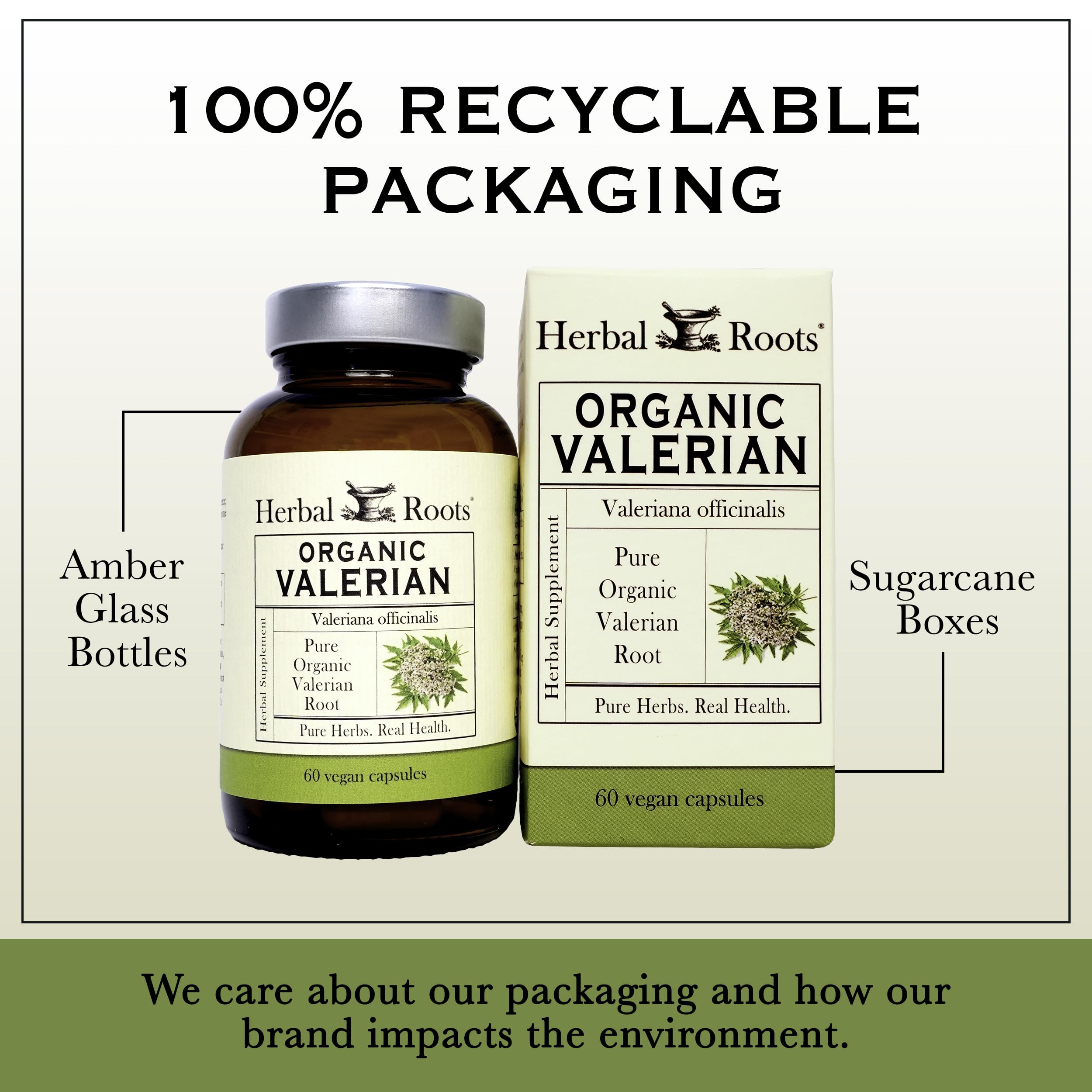 Herbal Roots valerian capsules label emphasizes organic origin and quality manufacturing.