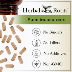 Vegan capsules from Herbal Roots packaging highlight a clean plant based supplement.