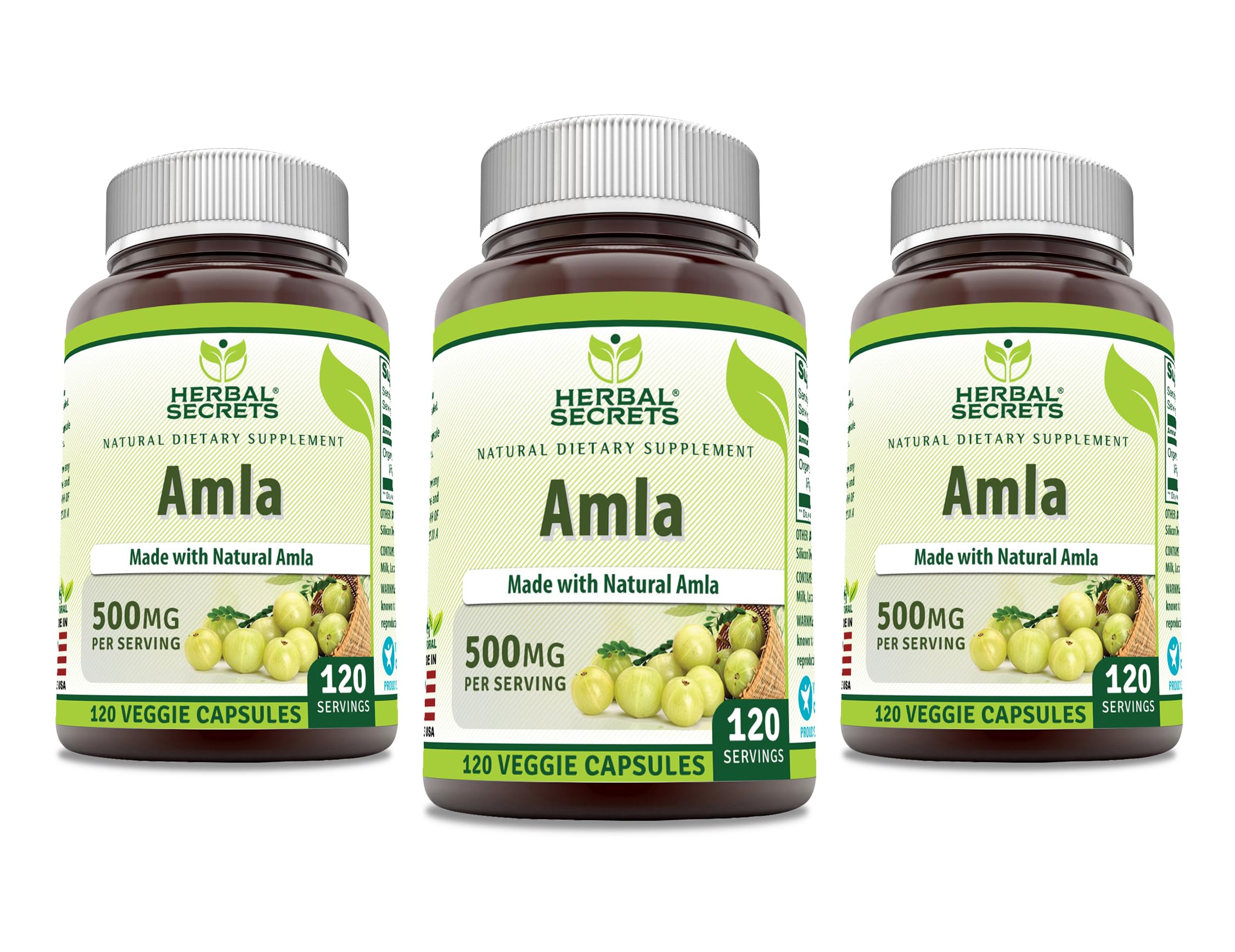 Herbal Secrets Amla 500 mg capsules bottle supports daily plant-based wellness.