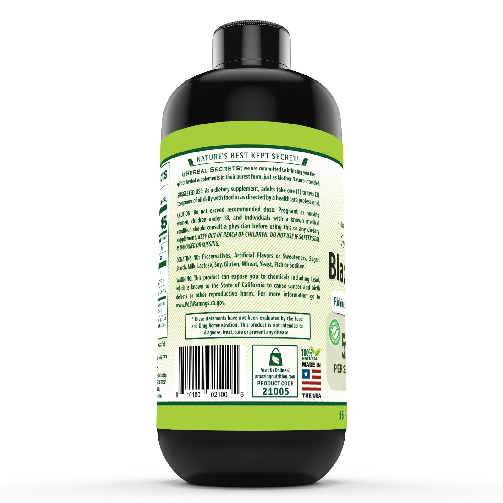 Herbal Secrets Black Seed Oil label highlights non-GMO and gluten-free status