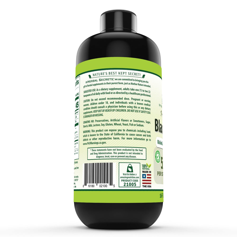 Herbal Secrets Black Seed Oil label highlights non-GMO and gluten-free status