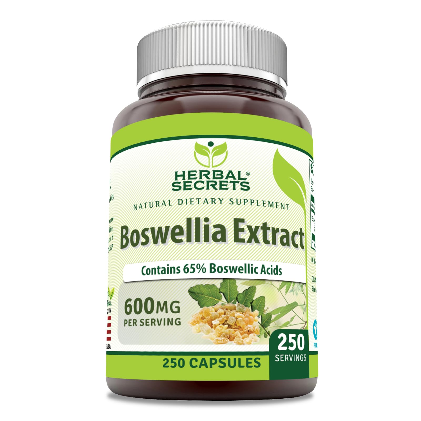 Herbal Secrets Boswellia bottle label highlights purity and potency for daily use