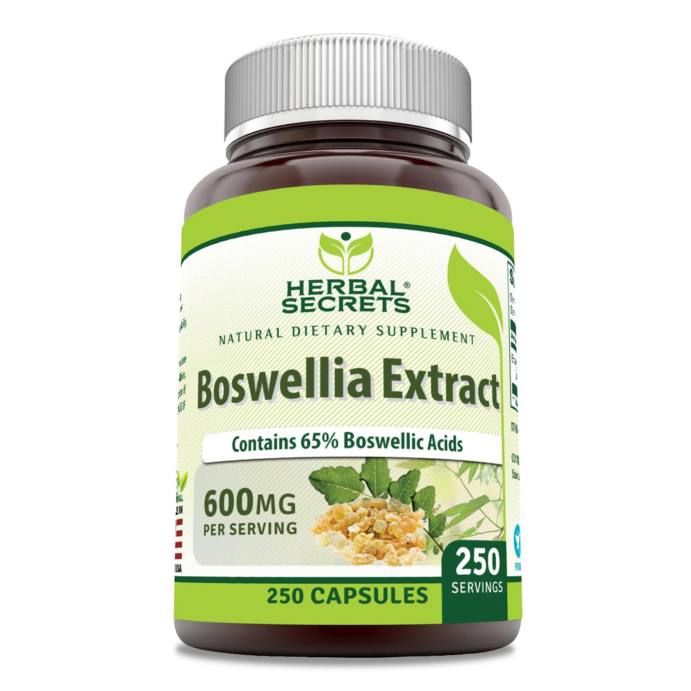 Herbal Secrets Boswellia bottle label highlights purity and potency for daily use