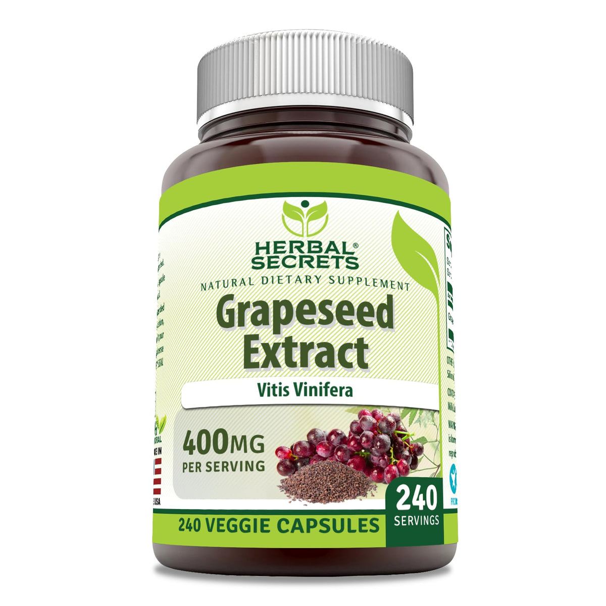 Herbal Secrets grapeseed extract 400mg bottle, convenient daily supplement for wellness.