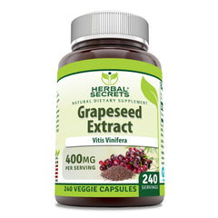 Herbal Secrets grapeseed extract 400mg bottle, convenient daily supplement for wellness.