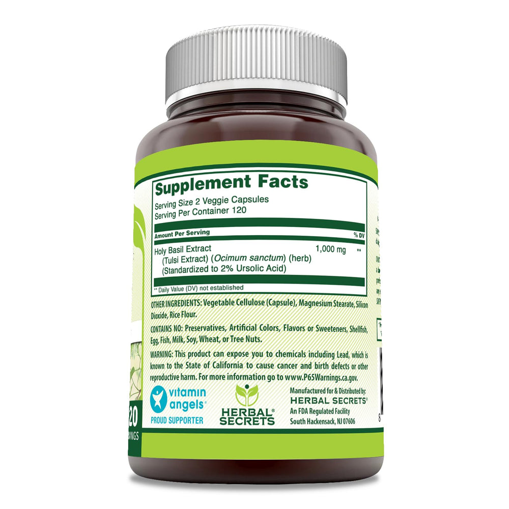 Herbal Secrets Holy Basil label highlights USA-made quality and third-party testing.