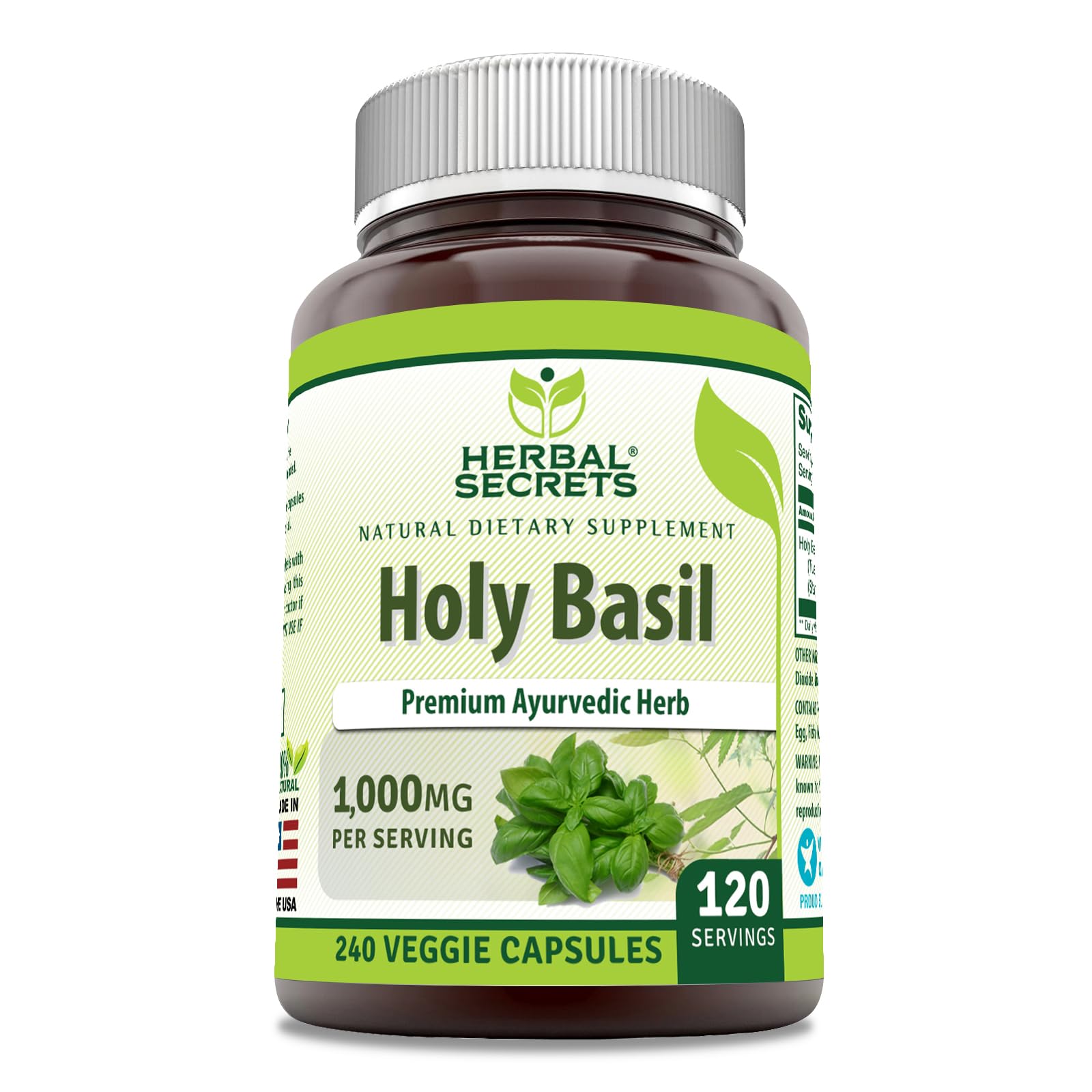 Herbal Secrets Holy Basil bottle showing 1000 mg per serving for daily use.