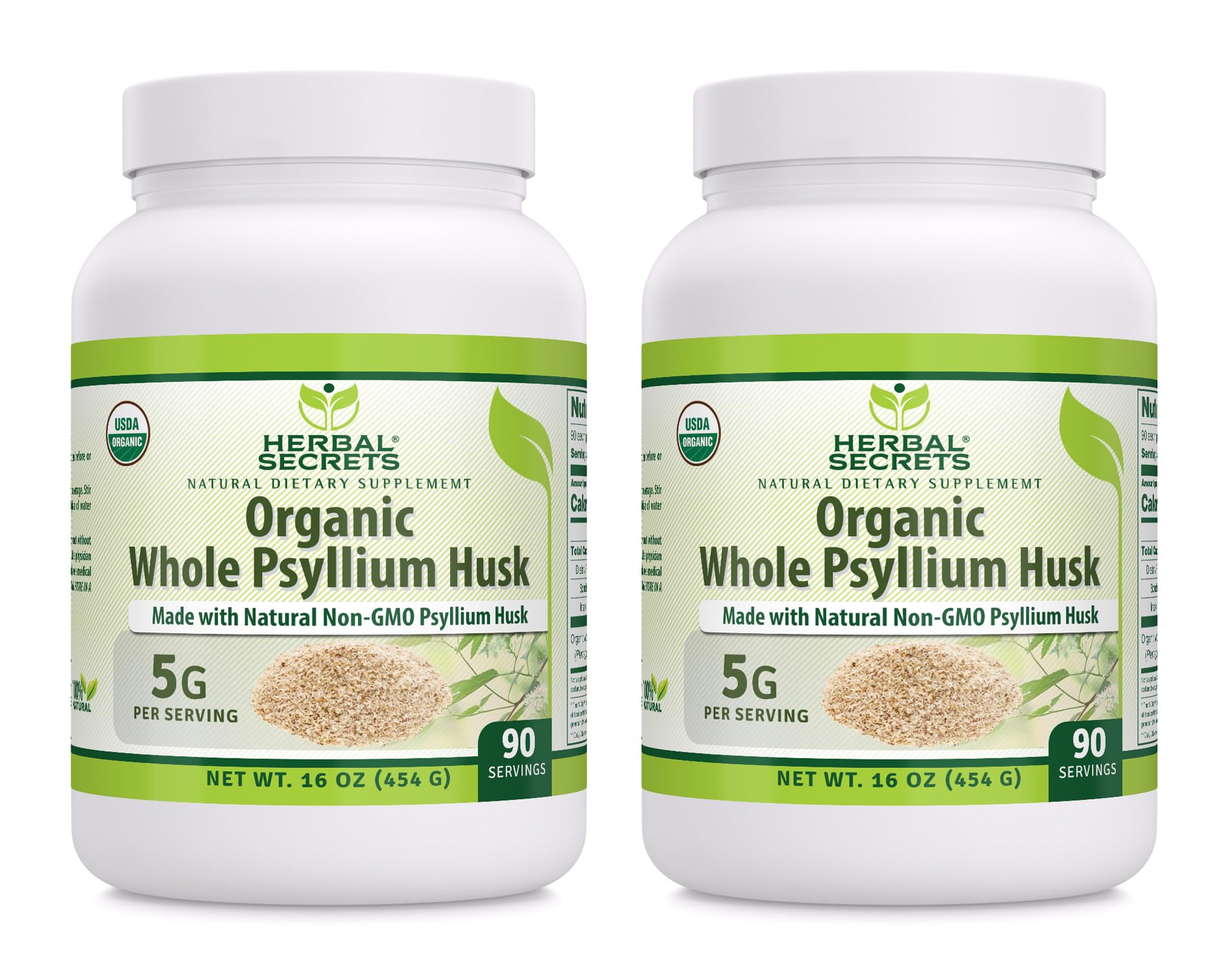 Herbal Secrets psyllium husk powder jar, 16 oz, showing packaging for daily fiber use