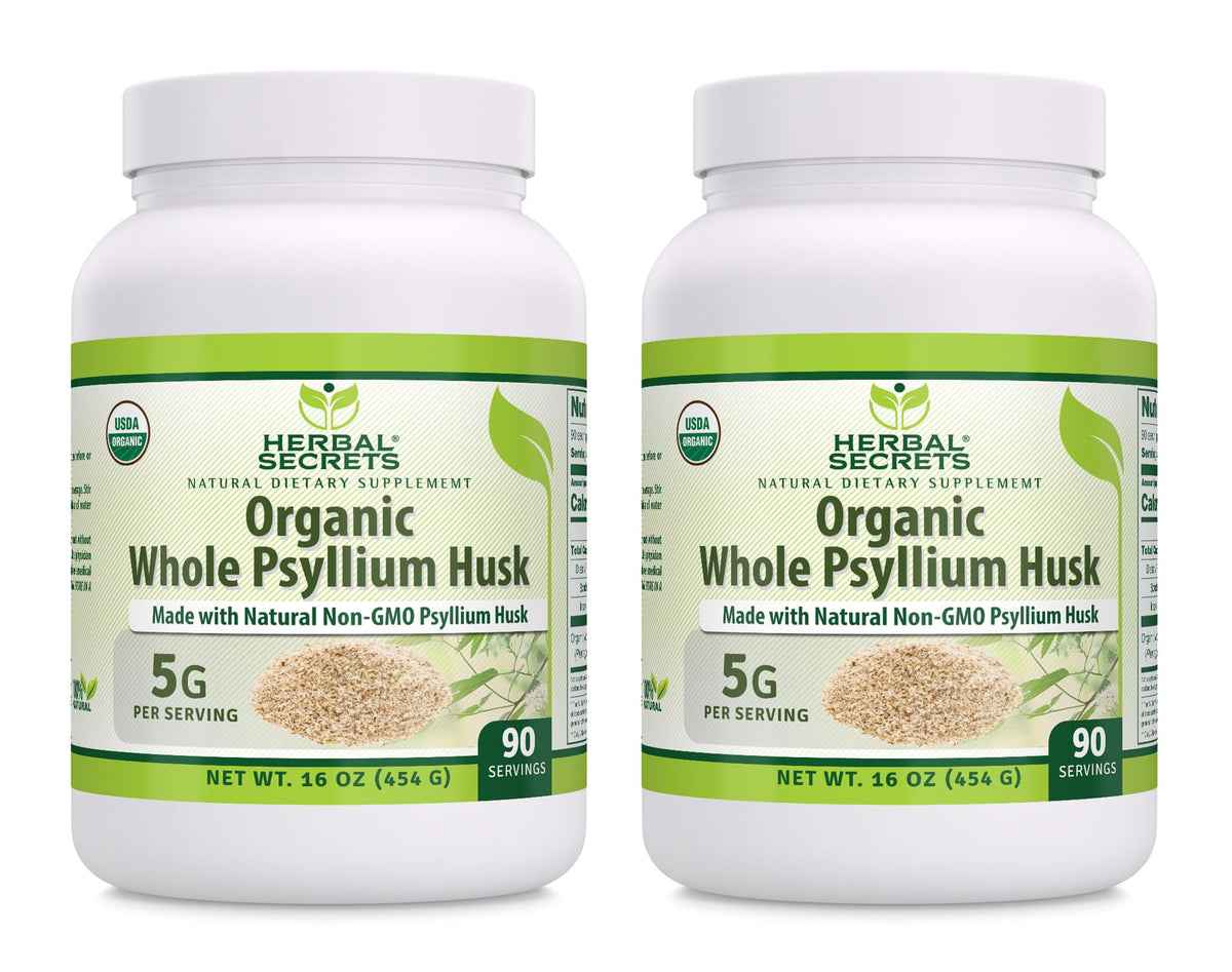 Herbal Secrets psyllium husk powder jar, 16 oz, showing packaging for daily fiber use