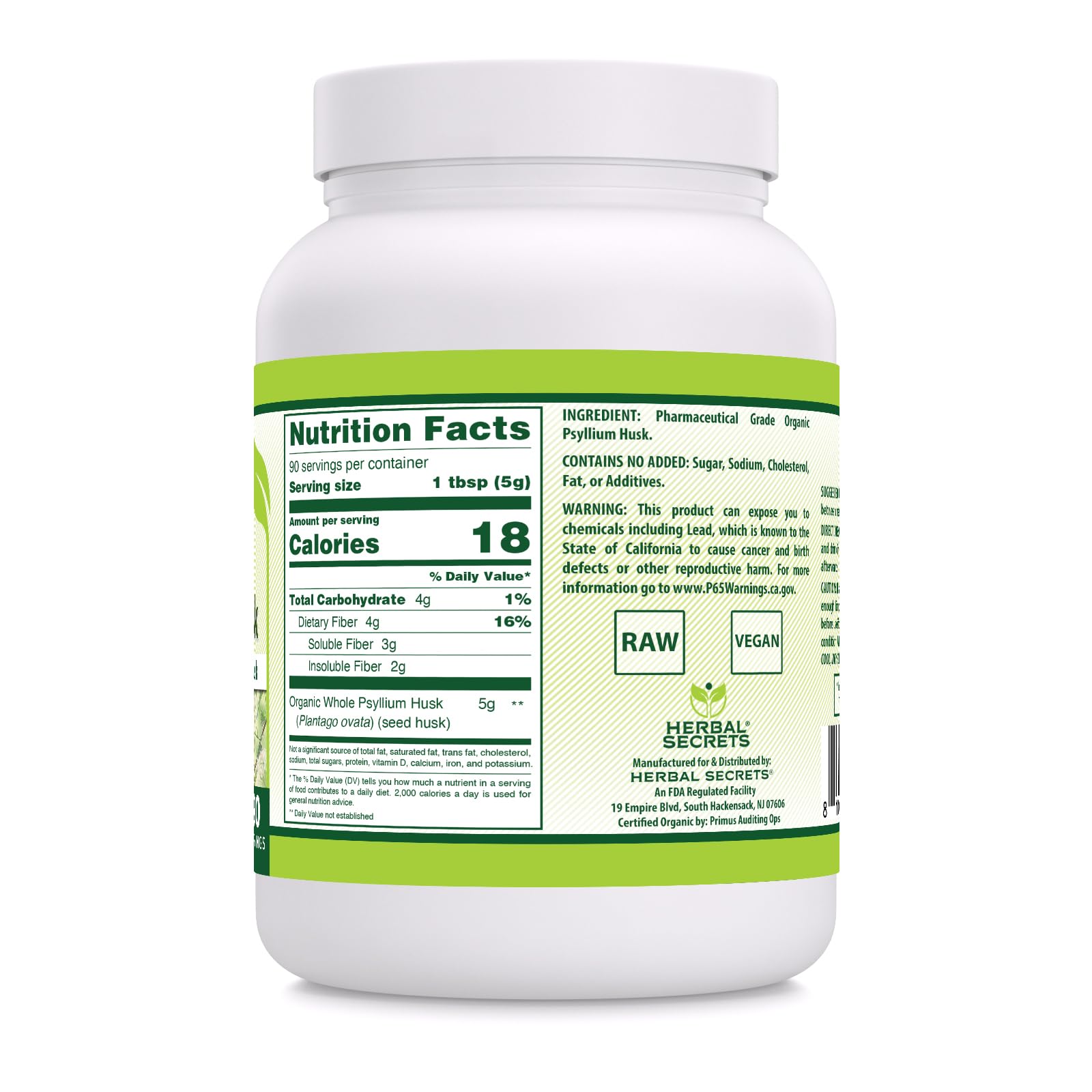 Herbal Secrets psyllium husk powder serving, 5 g per serving on spoon