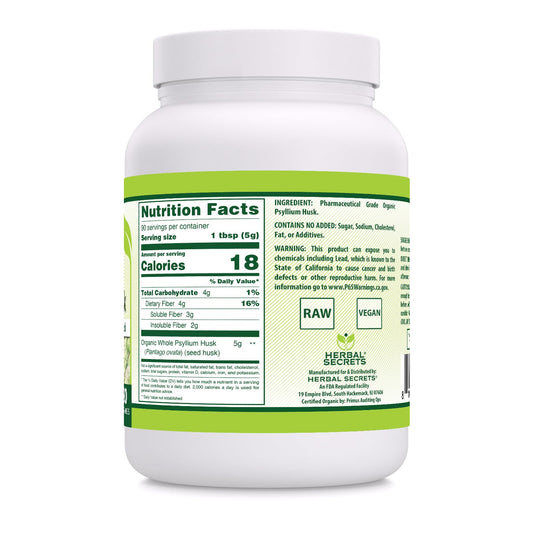 Herbal Secrets psyllium husk powder serving, 5 g per serving on spoon