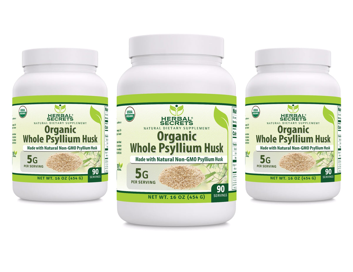 Herbal Secrets psyllium husk powder bottle for daily fiber support