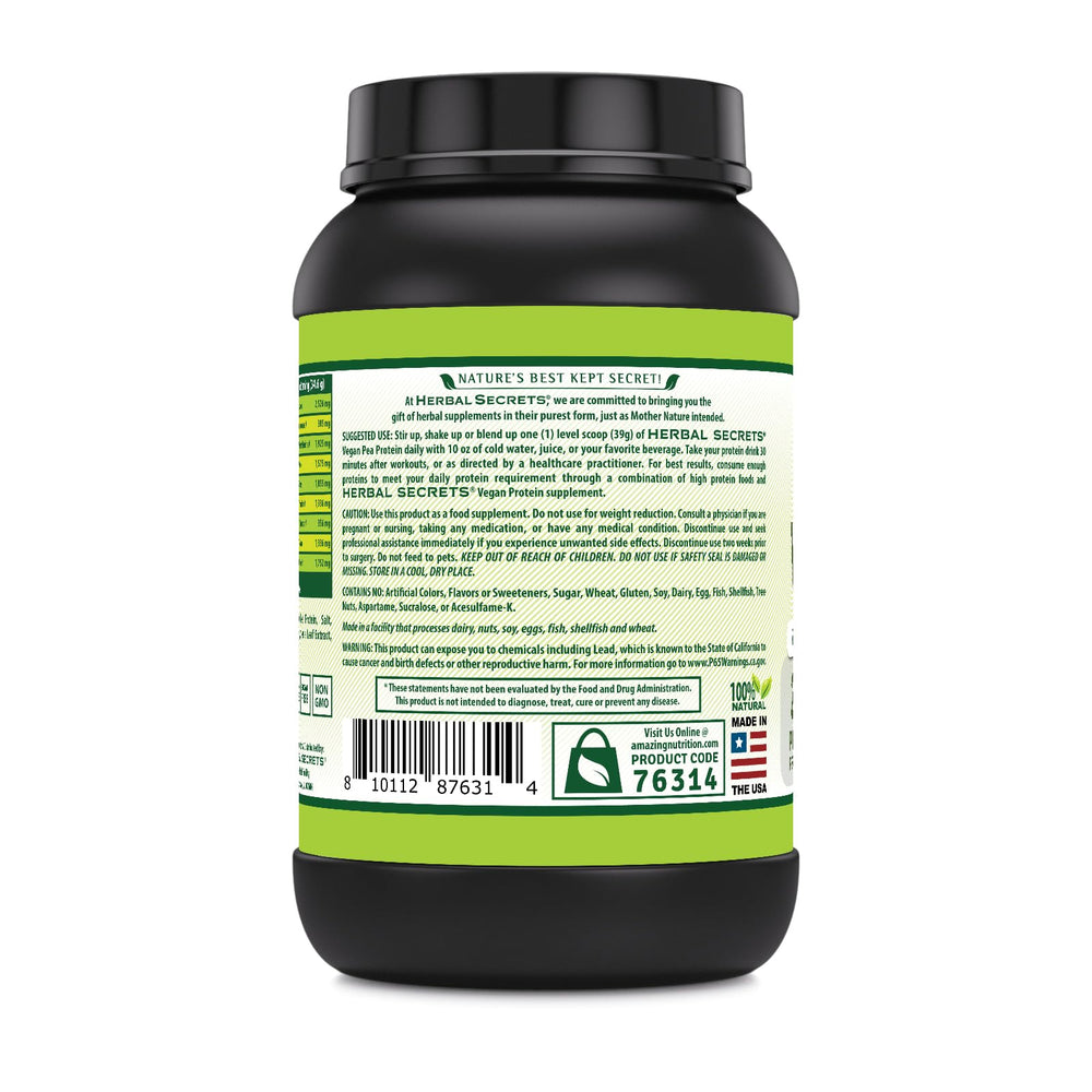 Herbal Secrets Vegan Protein powder jar highlights non-GMO and gluten-free features.