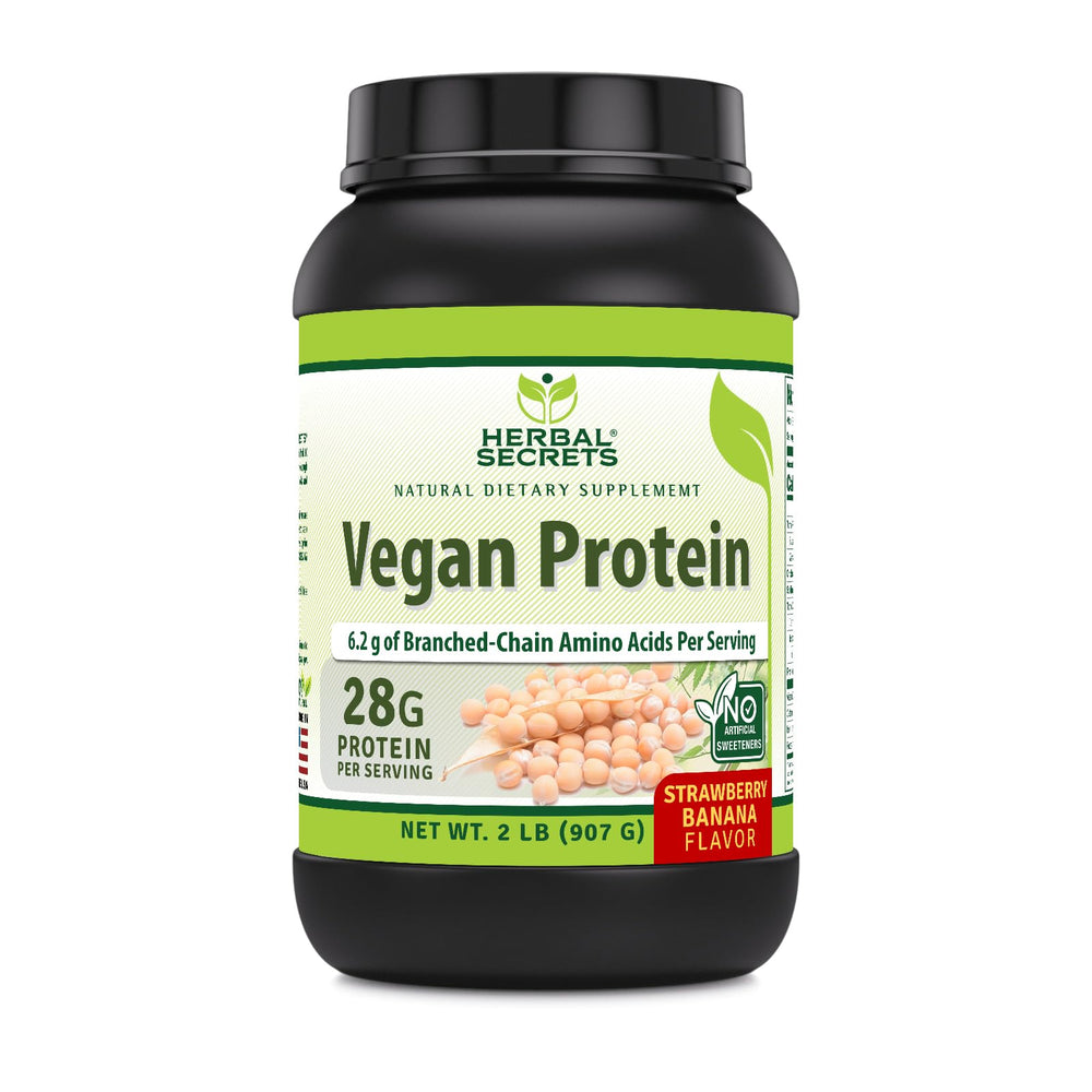 Herbal Secrets Vegan Protein strawberry banana bottle showcases 28g protein per serving.