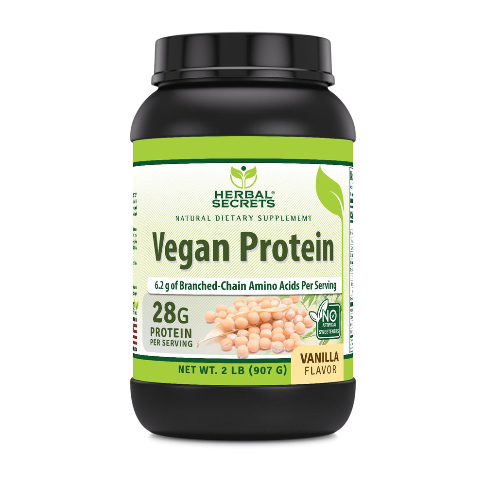 Herbal Secrets Vegan Protein Vanilla bottle shows 28g protein per serving.