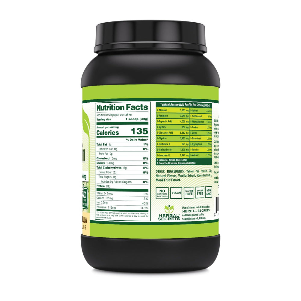 Herbal Secrets Vegan Protein Vanilla pour demonstrates convenient scooping.