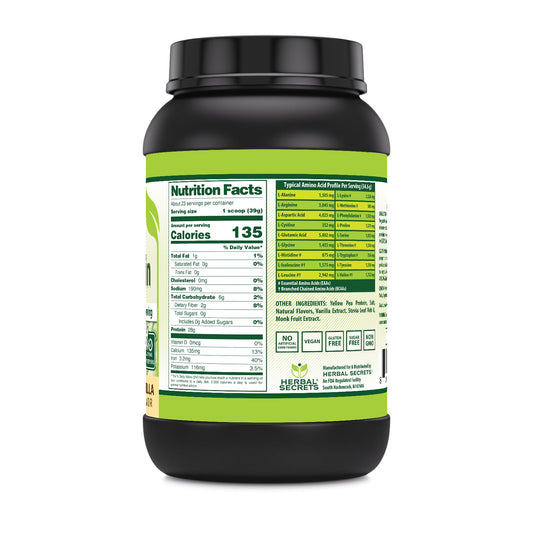 Herbal Secrets Vegan Protein Vanilla pour demonstrates convenient scooping.