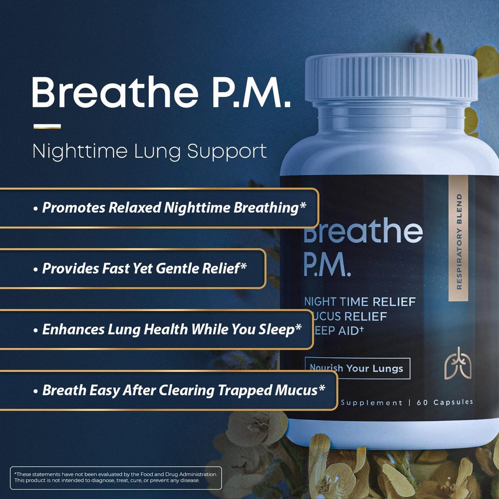 Herbal Tea Therapy BREATHE PM capsules for nightly mucus relief and breathing support