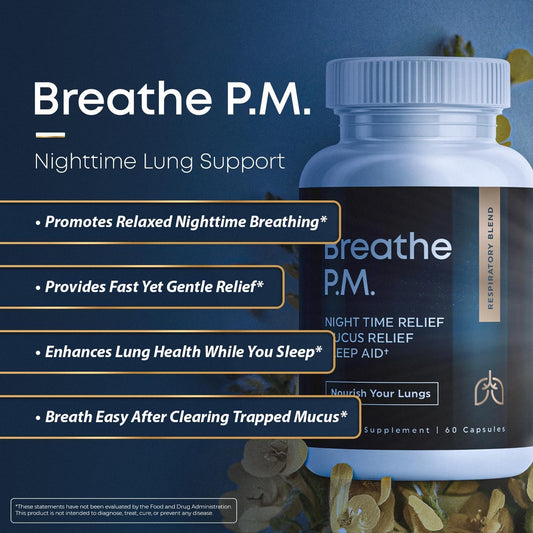 Herbal Tea Therapy BREATHE PM capsules for nightly mucus relief and breathing support