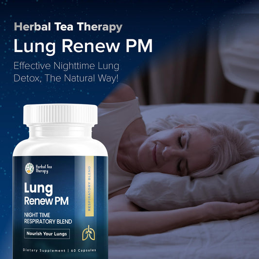 Herbal Tea Therapy Lung Renew PM capsules closeup highlights convenient night-time lungs support.