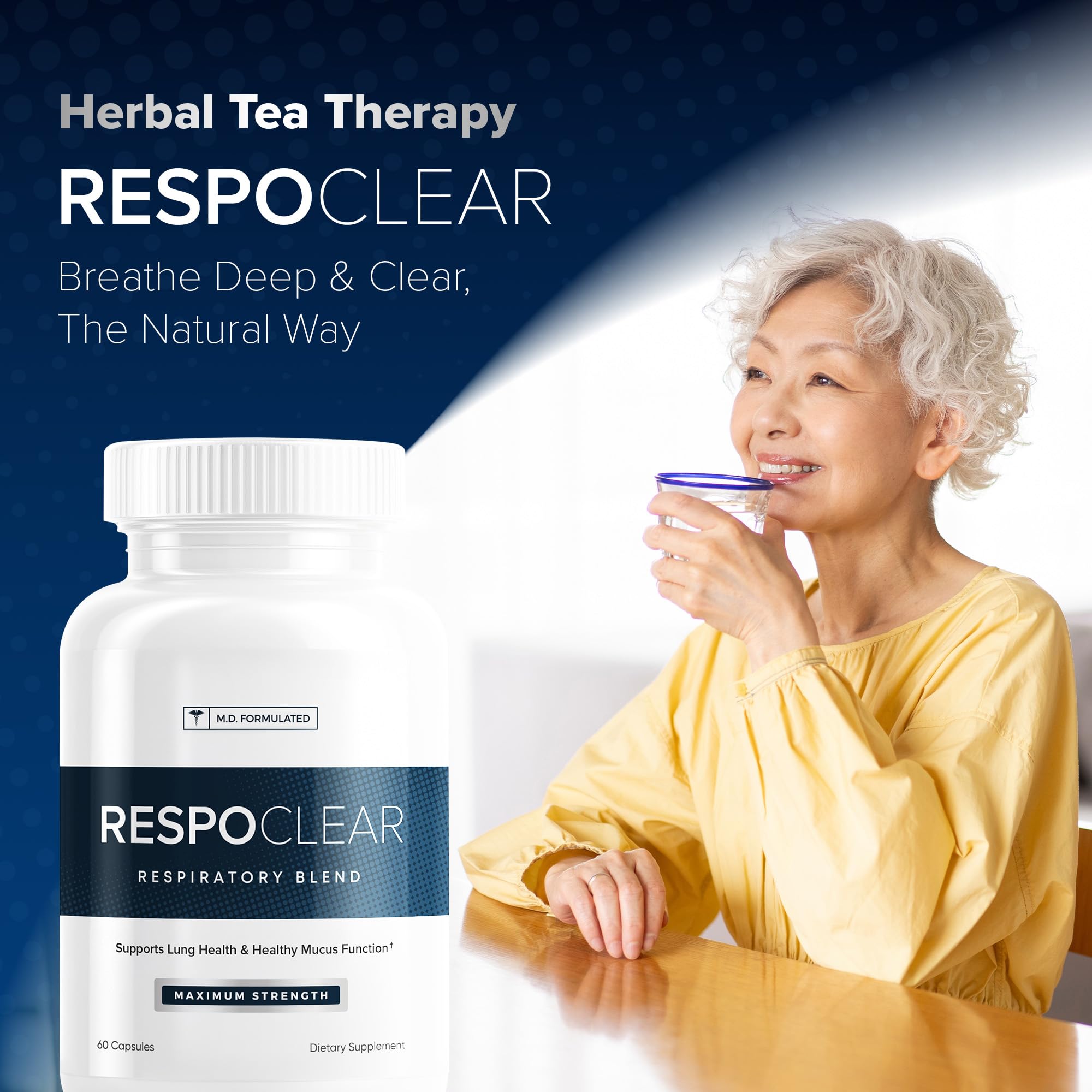 RespoClear capsules closeup highlighting antioxidant lung support in a supplement bottle.