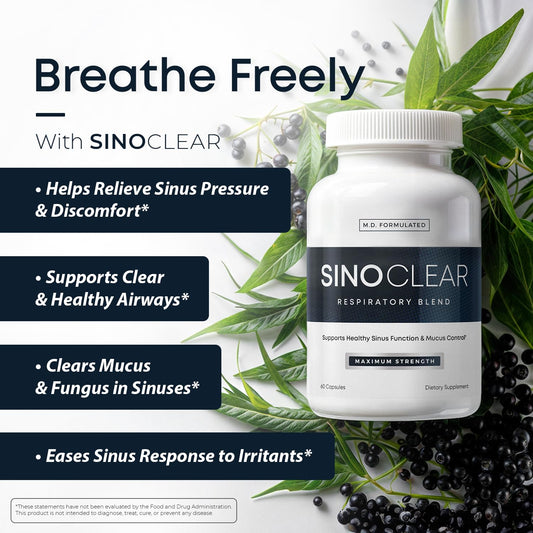 SinoClear bottle back with ingredients and directions for breathing comfort.