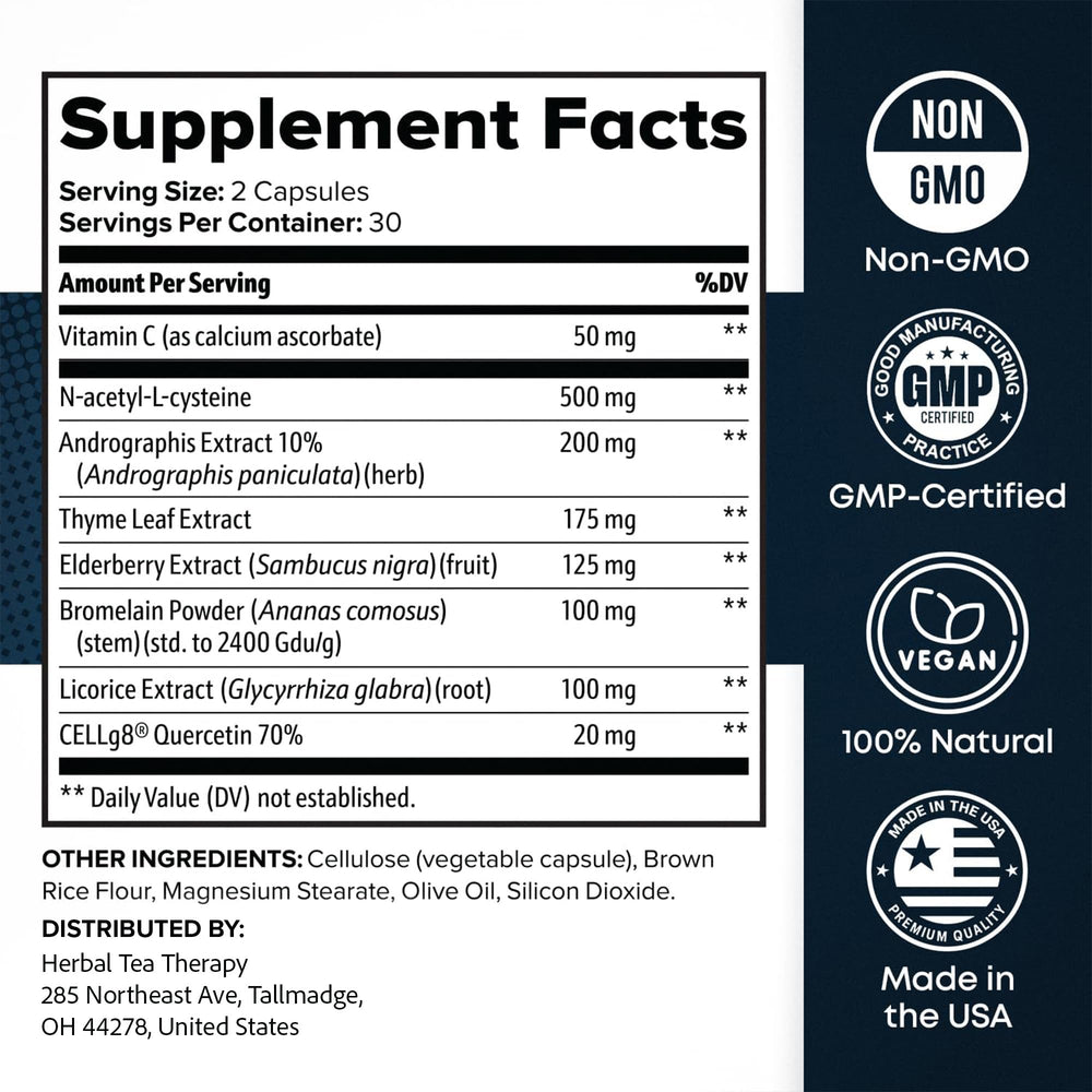 SinoClear ingredients panel highlighting NAC, Andrographis, thyme leaf for lung health.