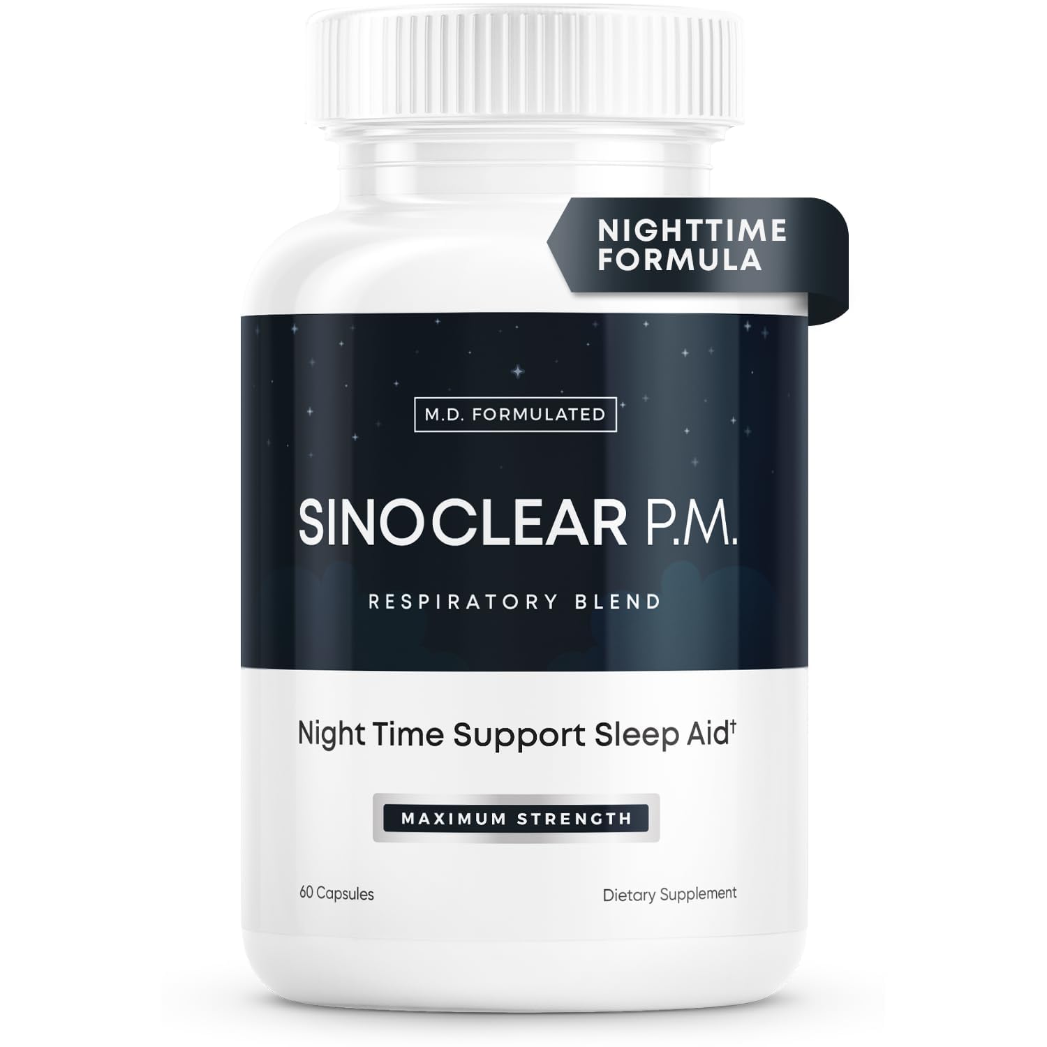 Herbal Tea Therapy SinoClear PM bottle shows nighttime support for clearer airways.