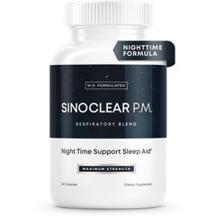 Herbal Tea Therapy SinoClear PM bottle shows nighttime support for clearer airways.