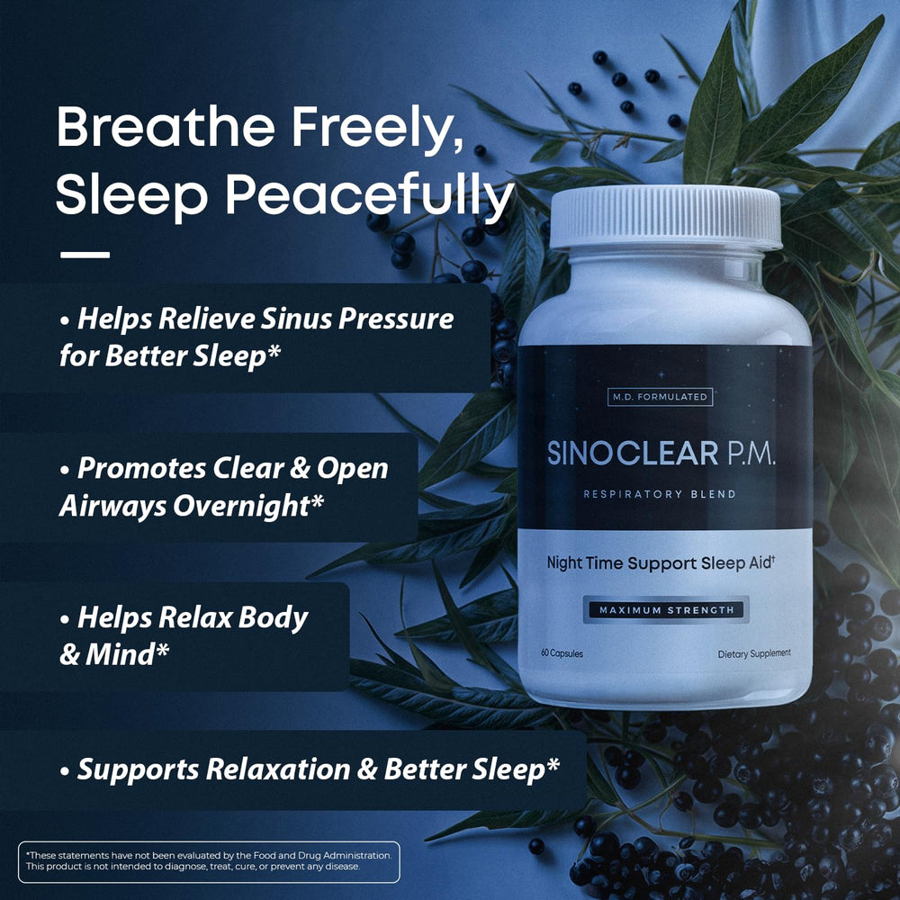 SinoClear PM label highlights ingredients promoting nasal comfort.