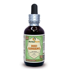 Herbal Terra LLC Red Ginseng bottle pour shows an alcohol-free glycerite for daily wellness.