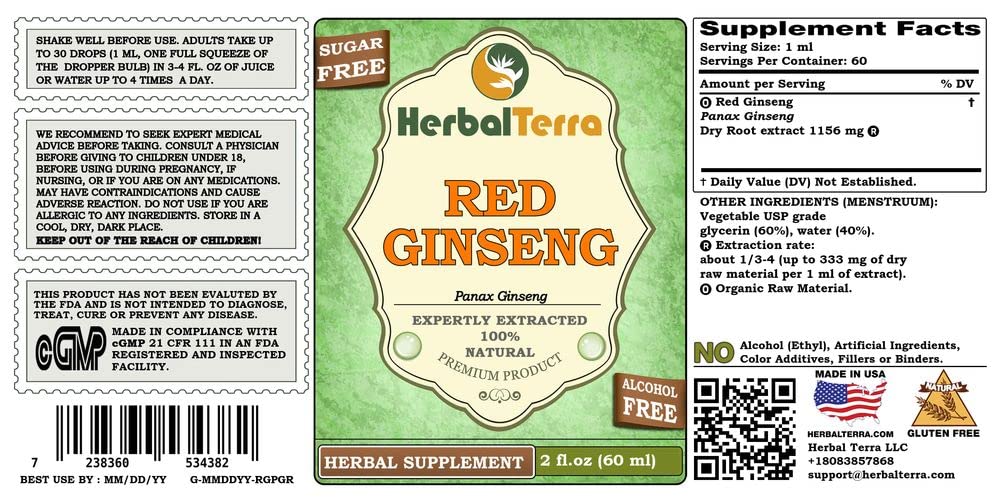 Herbal Terra LLC Red Ginseng dried roots display emphasizes organic sourcing for purity.