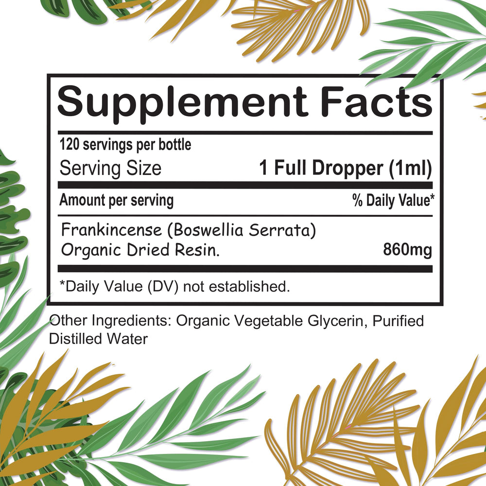 Ingredient list featuring Boswellia serrata resin and alcohol-free extract