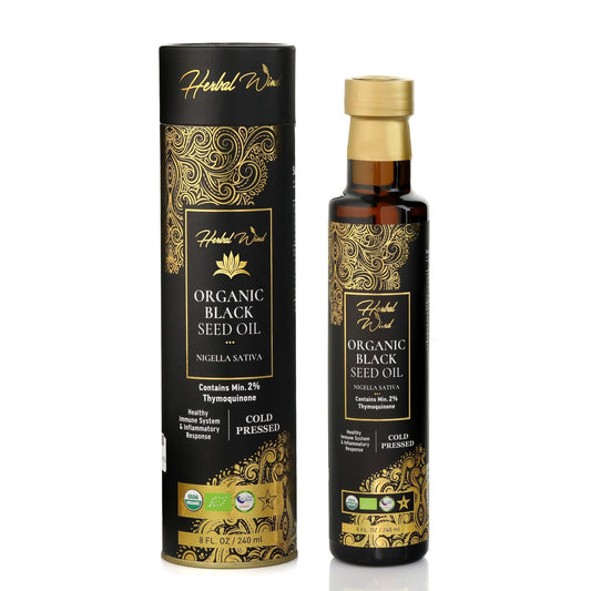 Herbal Wind black seed oil bottle with dropper suggesting immune support potential.